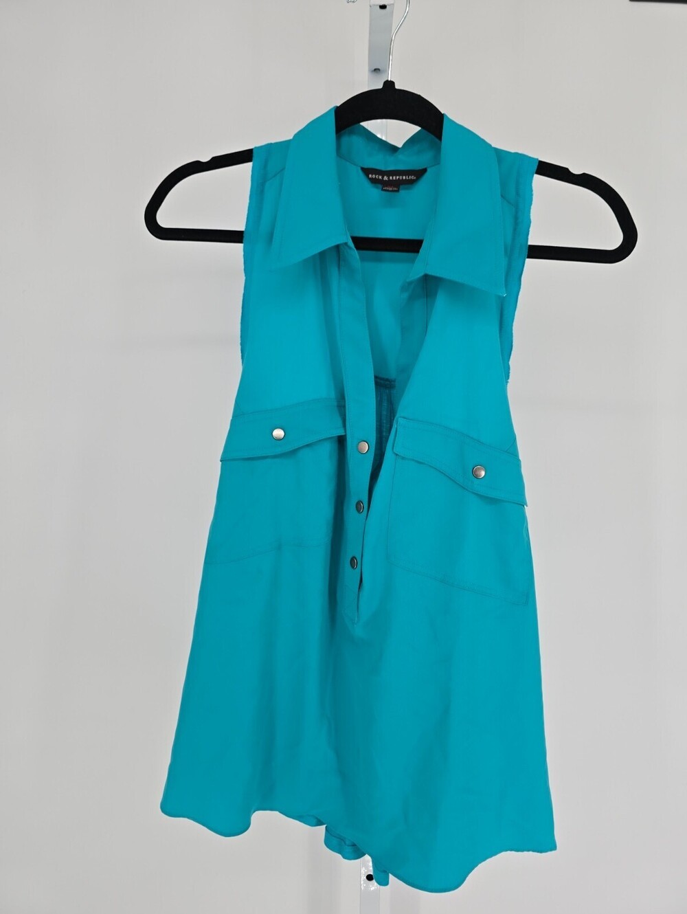Rock & Republic Womens Sz XL Sleeveless Collared Blouse Teal Blue